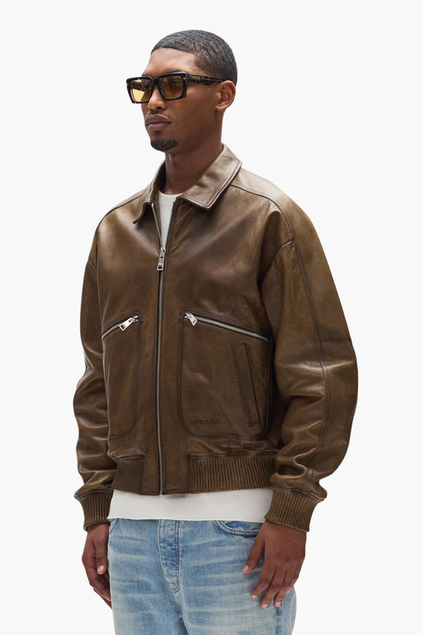 Purple Brand Distressed Leather Bomber Jacket Brown