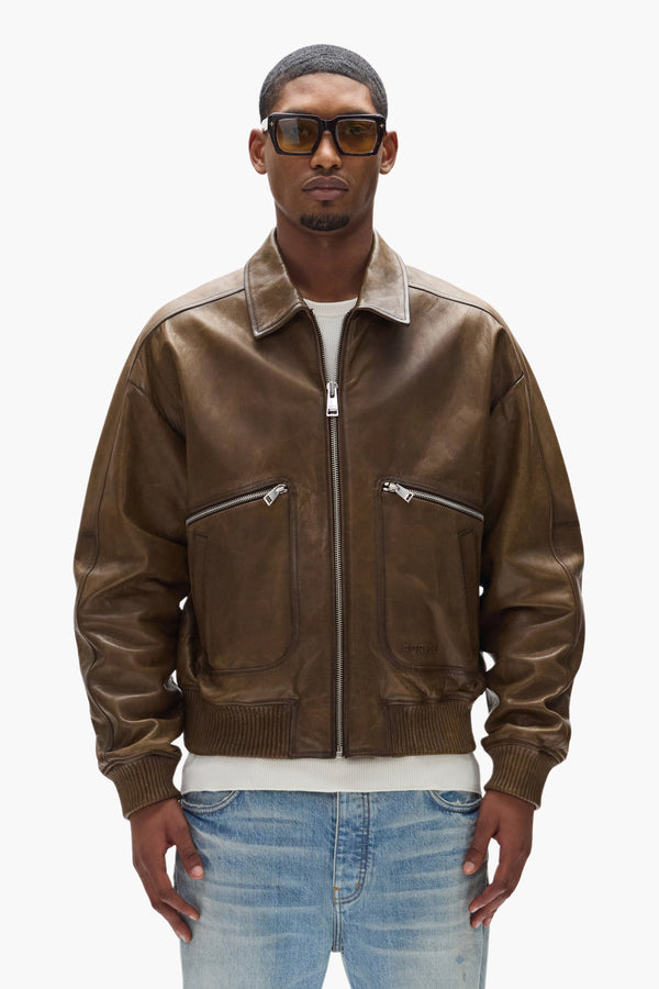 purple brand Distressed Leather Bomber Jacket Brown