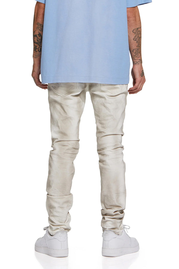 Purple Brand P001 LOW RISE SKINNY JEAN - Dirty White Destroy Jersey Knit Repair Light Indigo
