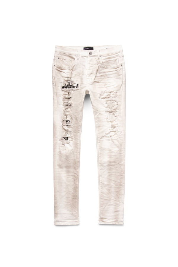Purple Brand P001 LOW RISE SKINNY JEAN - Dirty White Destroy Jersey Knit Repair Light Indigo