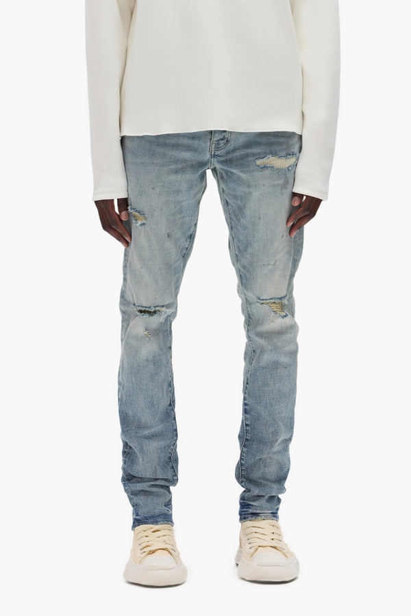 purple brand P001 Worn Indigo Slashed Paint Light Indigo