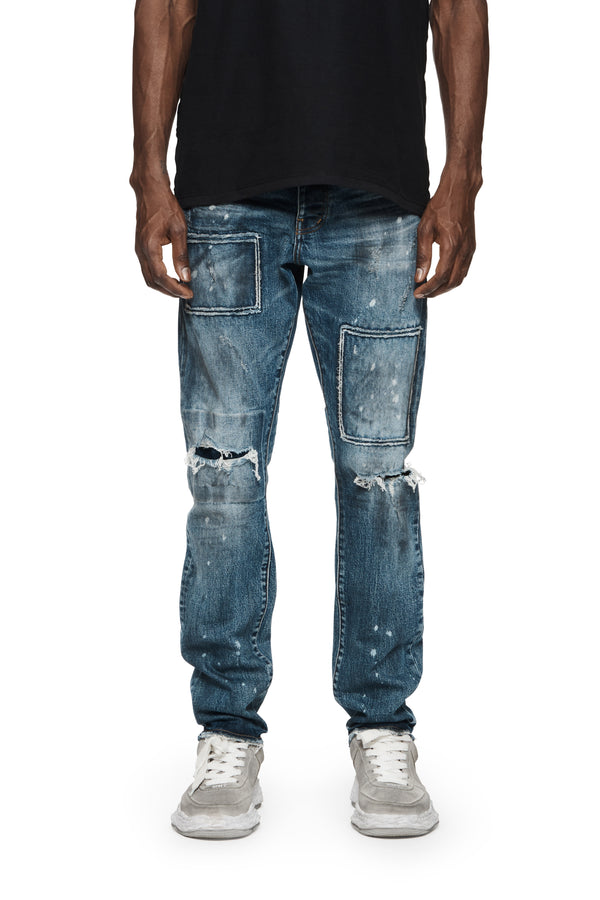 purple brand P005 STRAIGHT SLIM JEAN - Vintage Dirty Patch Mid Indigo