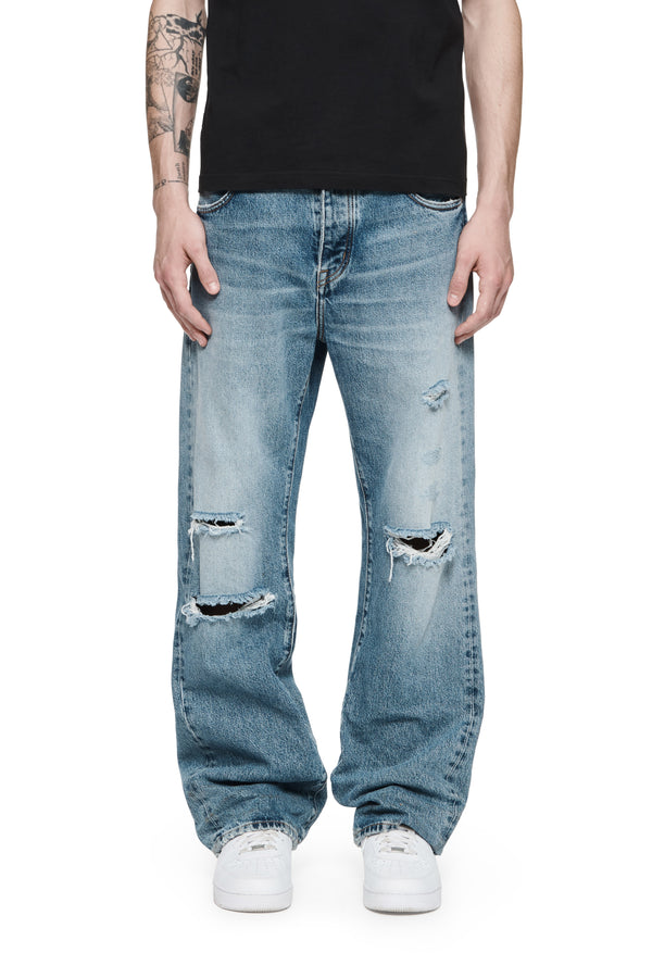 purple brand P018 BAGGY JEAN - Indigo Stone Wash Destroy Mid Indigo