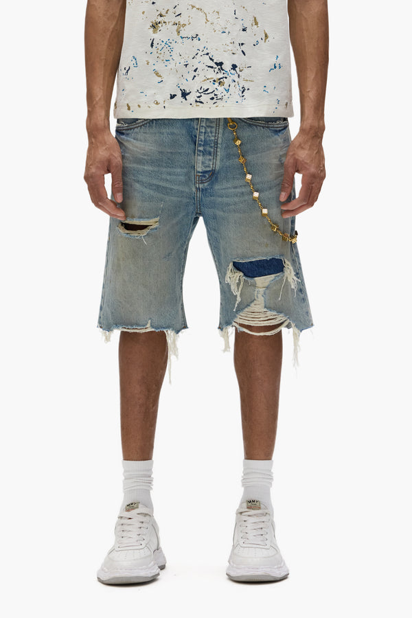 purple brand P059 Distressed Patch Shorts Light Indigo
