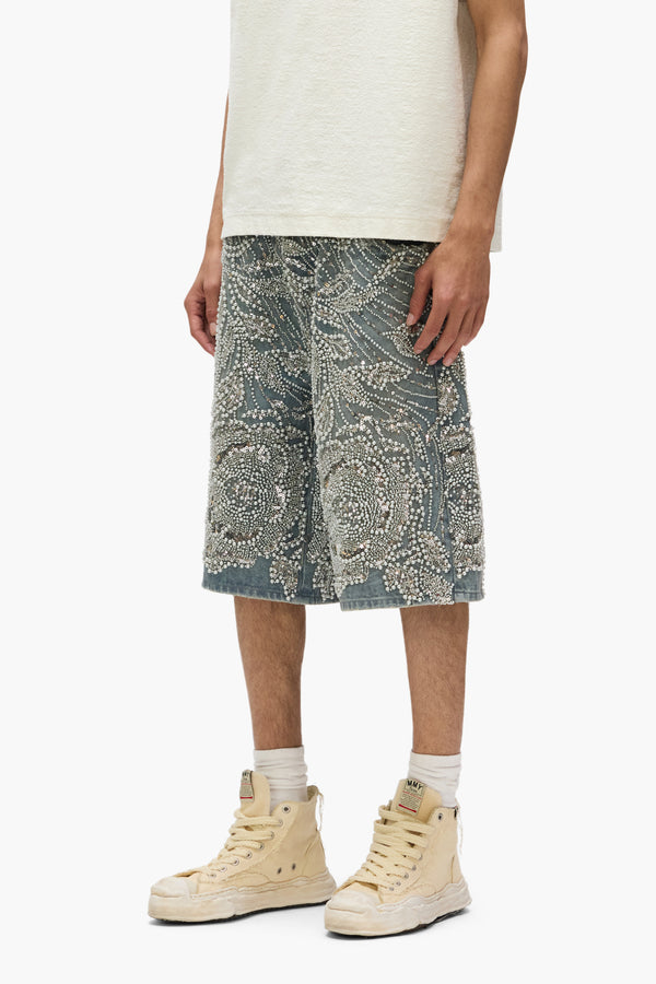 Purple Brand P070 Hand Beaded & Crystal Embellished Short Light Indigo