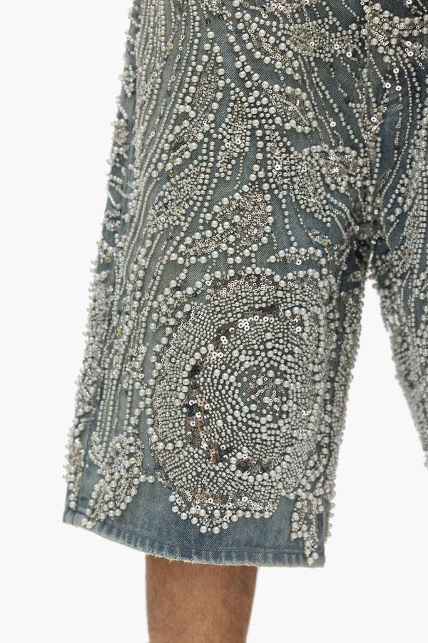 Purple Brand P070 Hand Beaded & Crystal Embellished Short Light Indigo