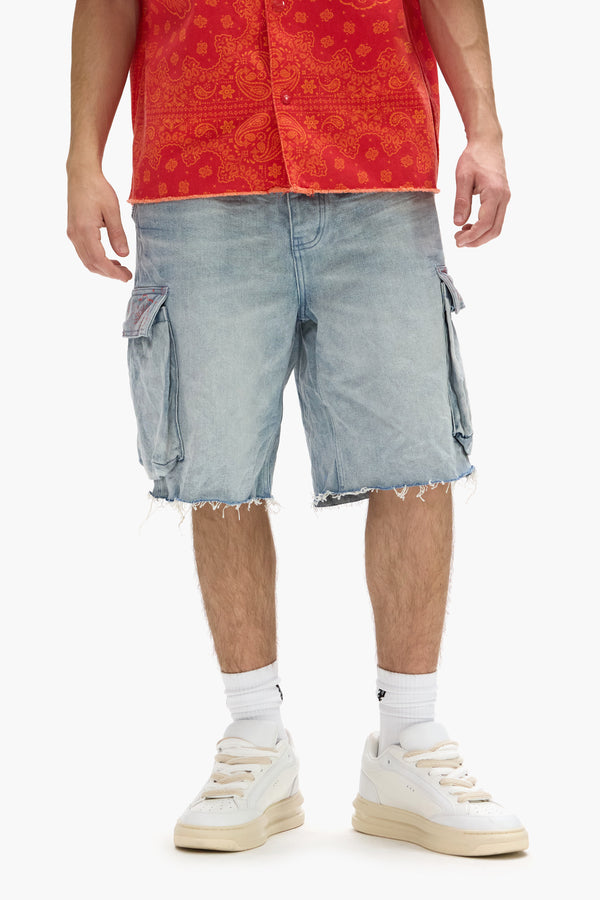 Purple Brand Bandana Cargo Shorts Light Indigo
