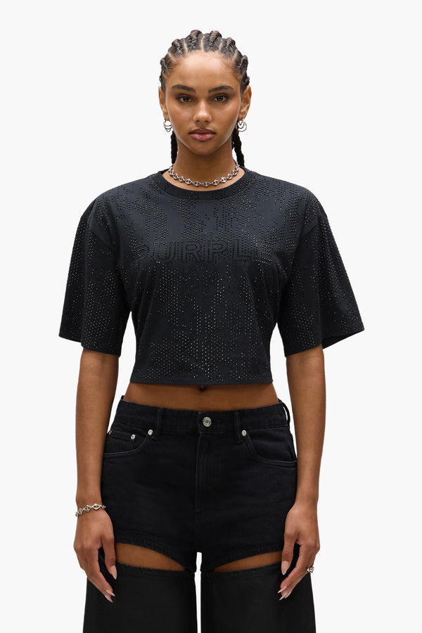 purple brand Crystal Camo Cropped Tee Black