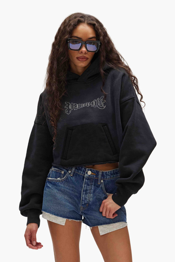 Purple Brand Crystal Cropped Hoodie Black