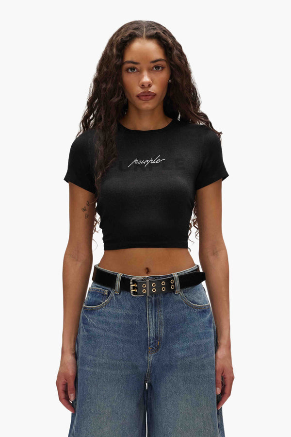 purple brand Crystal Script Baby Tee Black