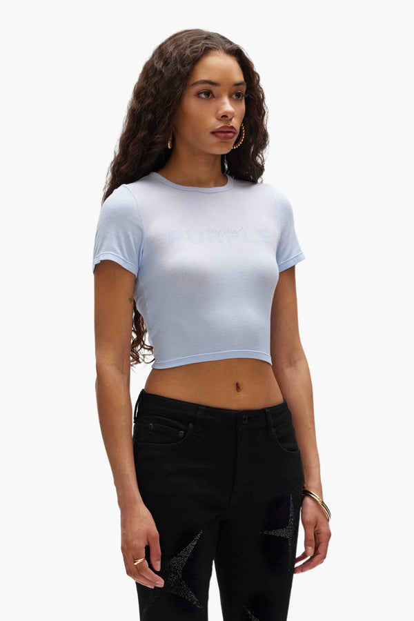 Purple Brand Crystal Script Baby Tee Blue