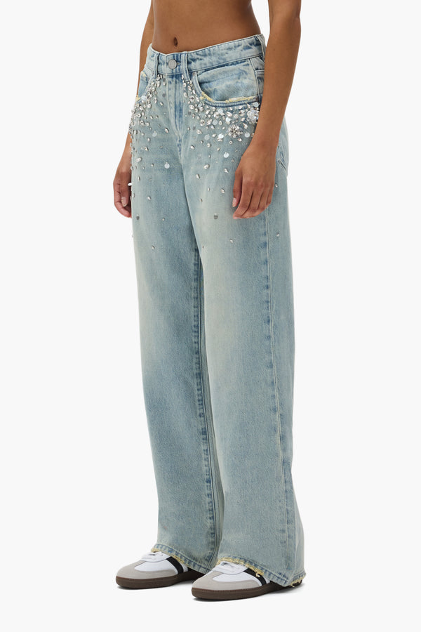 Purple Brand Embellished Wide Leg Light Indigo