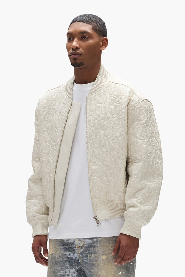 Purple Brand Gothic Bomber Jacket Off White
