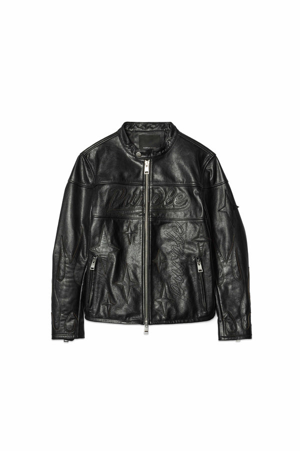 Purple Brand Leather Moto Jacket Black