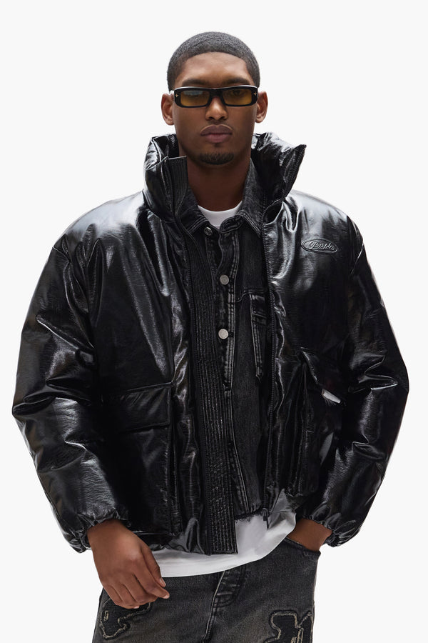 Purple Brand Leather Puffer Jacket Black