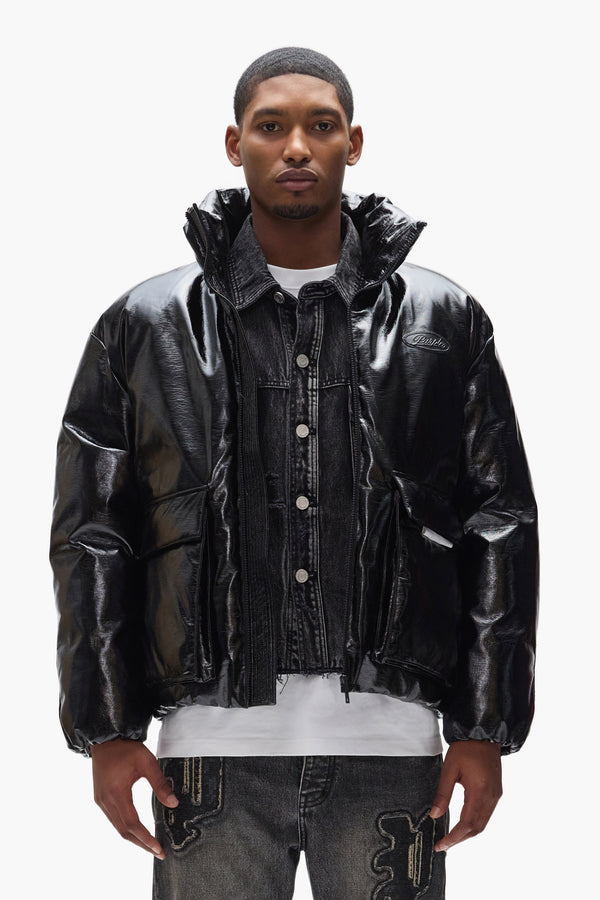 purple brand Leather Puffer Jacket Black