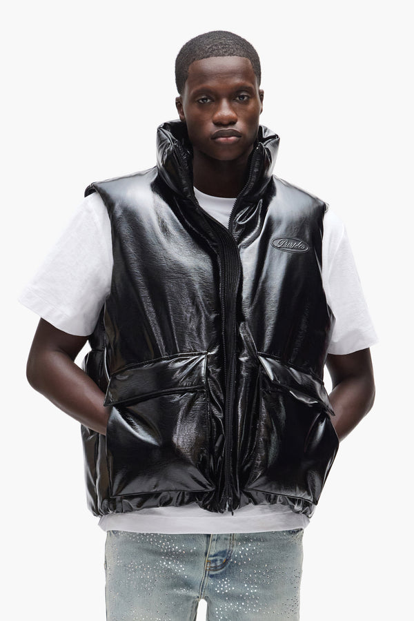 Purple Brand Leather Puffer Vest Black