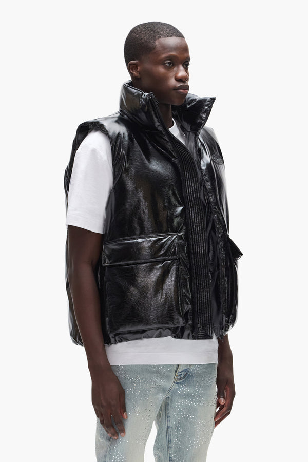 Purple Brand Leather Puffer Vest Black