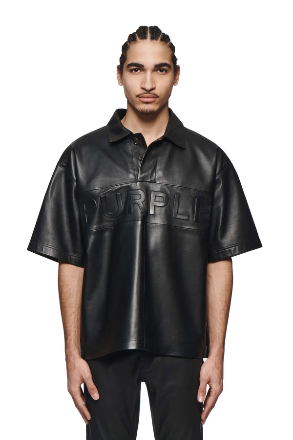 purple brand Leather Short Sleeve Polo Black