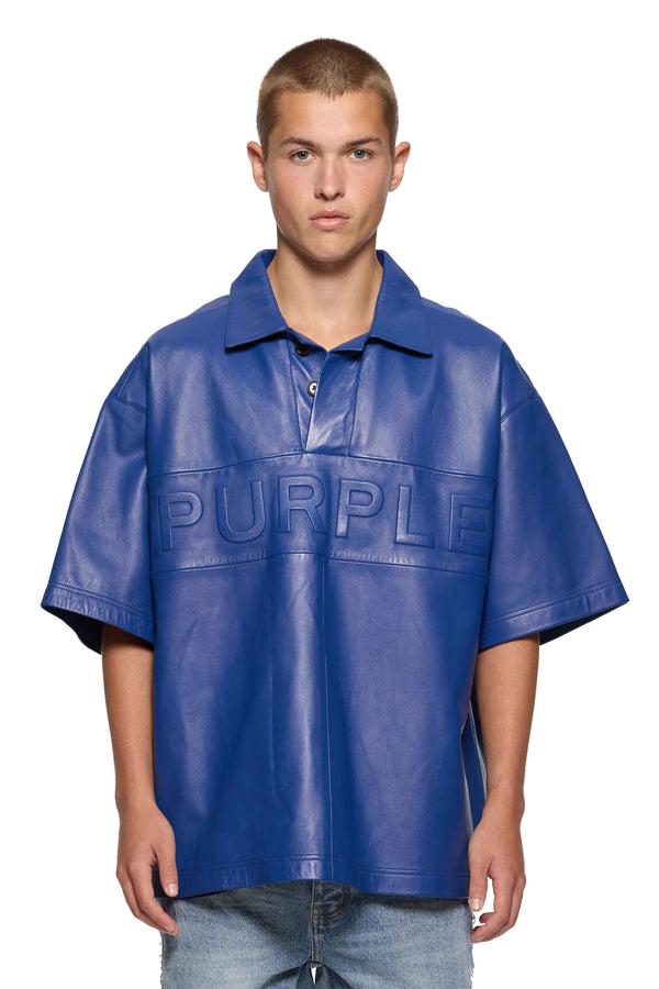 purple brand Leather Short Sleeve Polo Blue