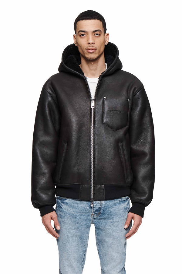 purple brand Leather Zip Up Hoodie Black