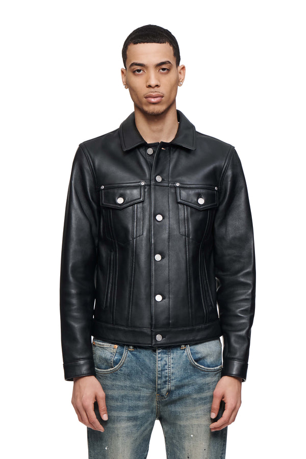 purple brand P028 Leather Trucker Jacket Black