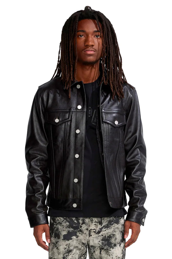 purple brand P028 Leather Trucker Jacket Black