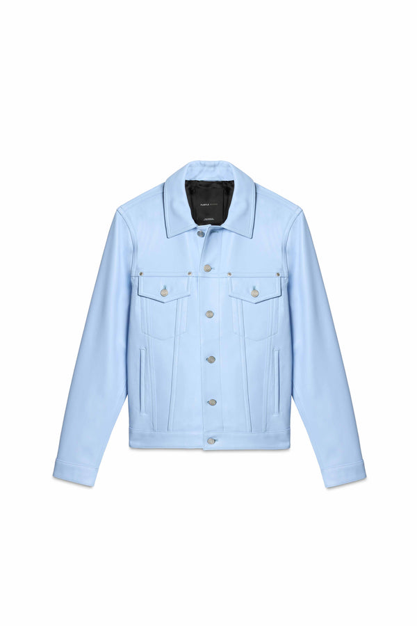 Purple Brand P028 Leather Trucker Jacket Blue