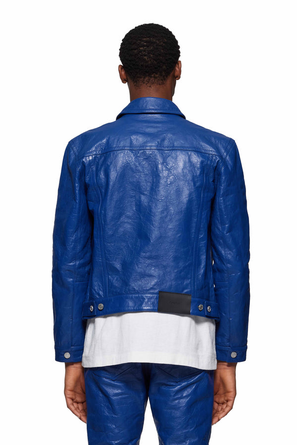 Purple Brand P028 Leather Trucker Jacket Blue