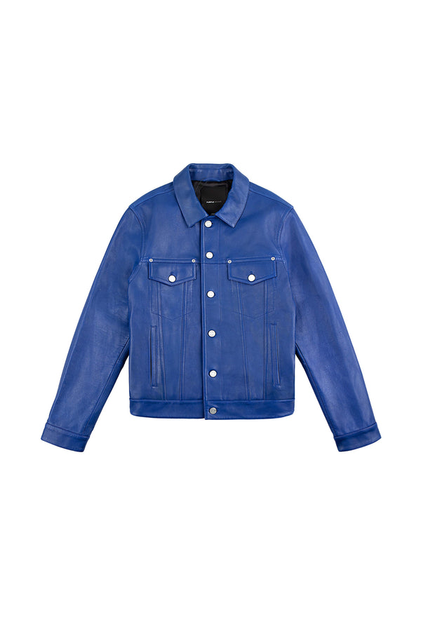 Purple Brand P028 Leather Trucker Jacket Blue