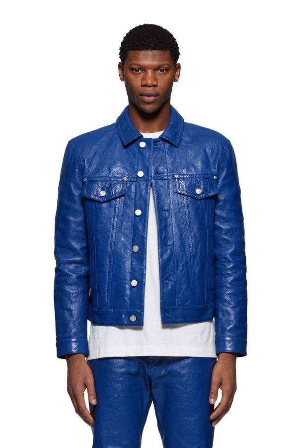 purple brand P028 Leather Trucker Jacket Blue