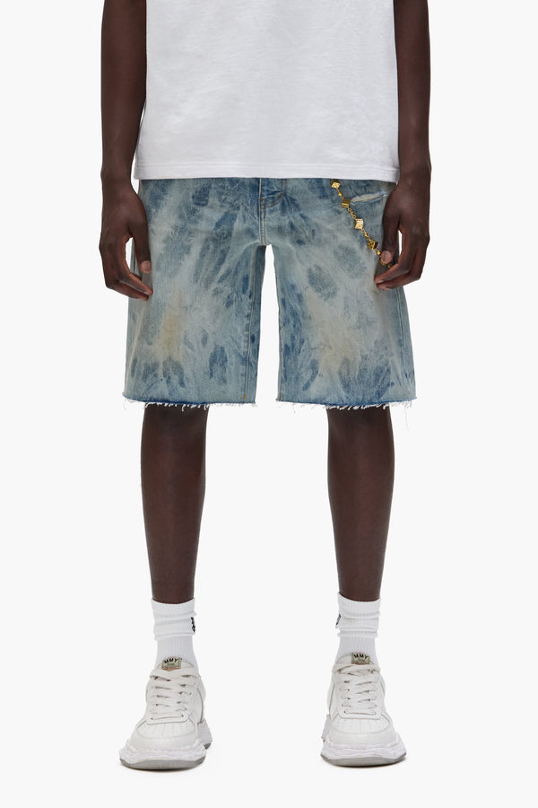 purple brand P059 Mixed Paint Shorts Mid Indigo