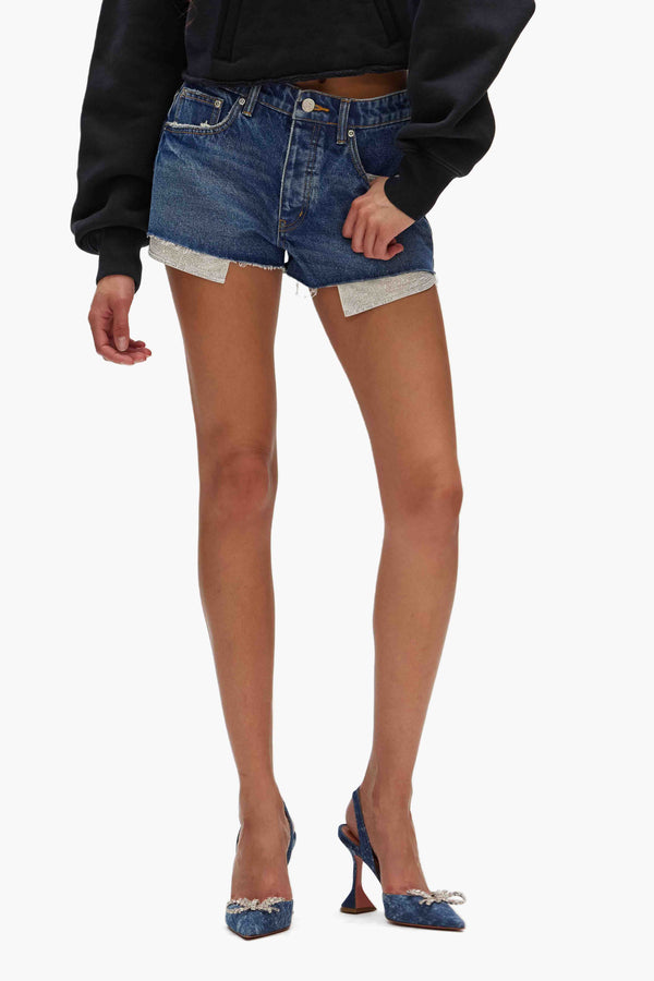 Purple Brand Rhinestone Denim Shorts Mid Indigo