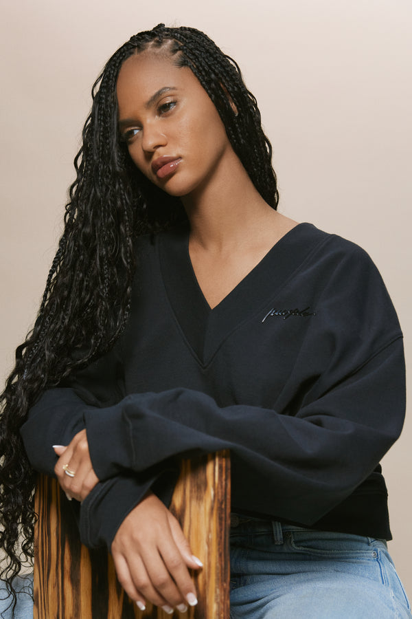 Purple Brand Script Oversized V Neck Top Black