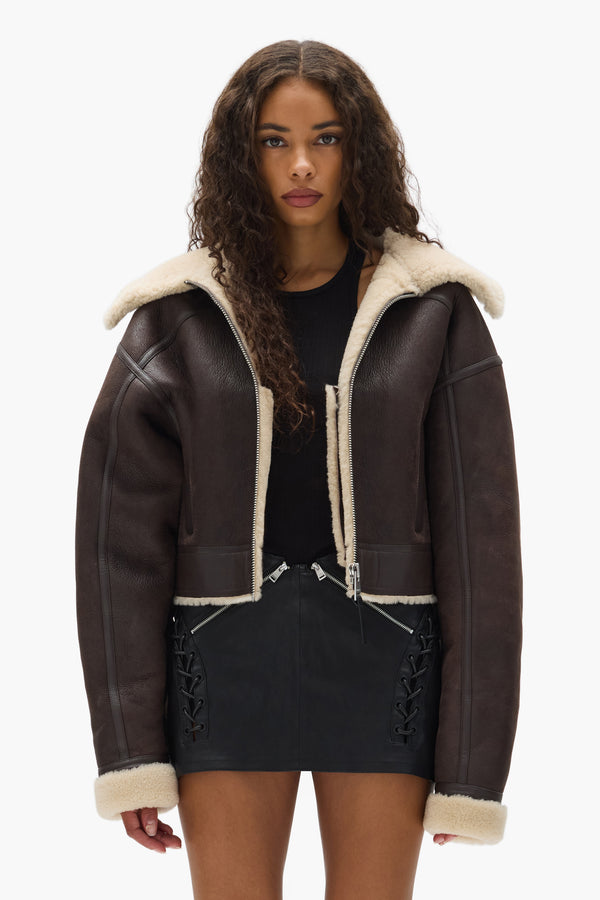 purple brand Sherpa Leather Jacket Brown