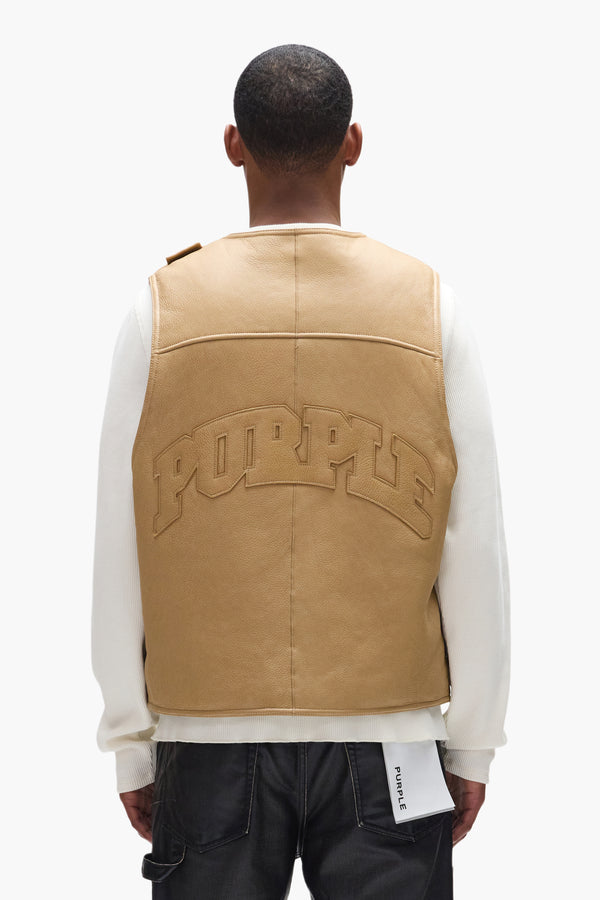 Purple Brand Slab Wordmark Shearling Vest Tan