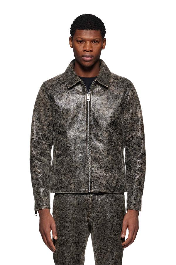 purple brand Wordmark Leather Zip Up Jacket Black