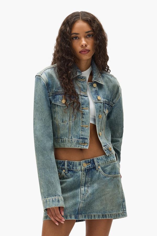 Purple Brand Tiled Overlay Cropped Jacket Light Indigo