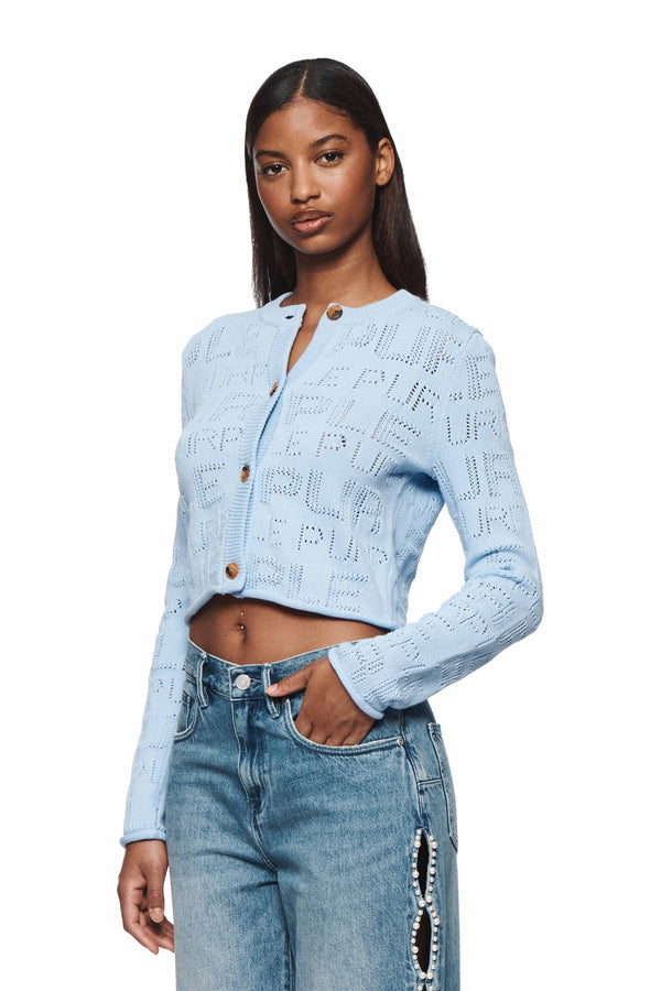 Purple Brand Wordmark Pointelle Cardigan Light Blue