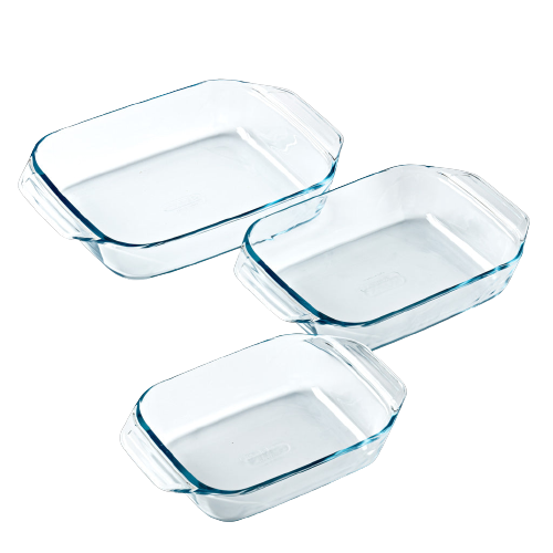 pyrex Set of 3 rectangular glass oven dishes with easy grip