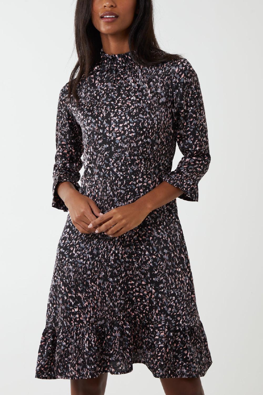 Qed London Abstract Animal High Neck Ruffle Hem Mini Dress