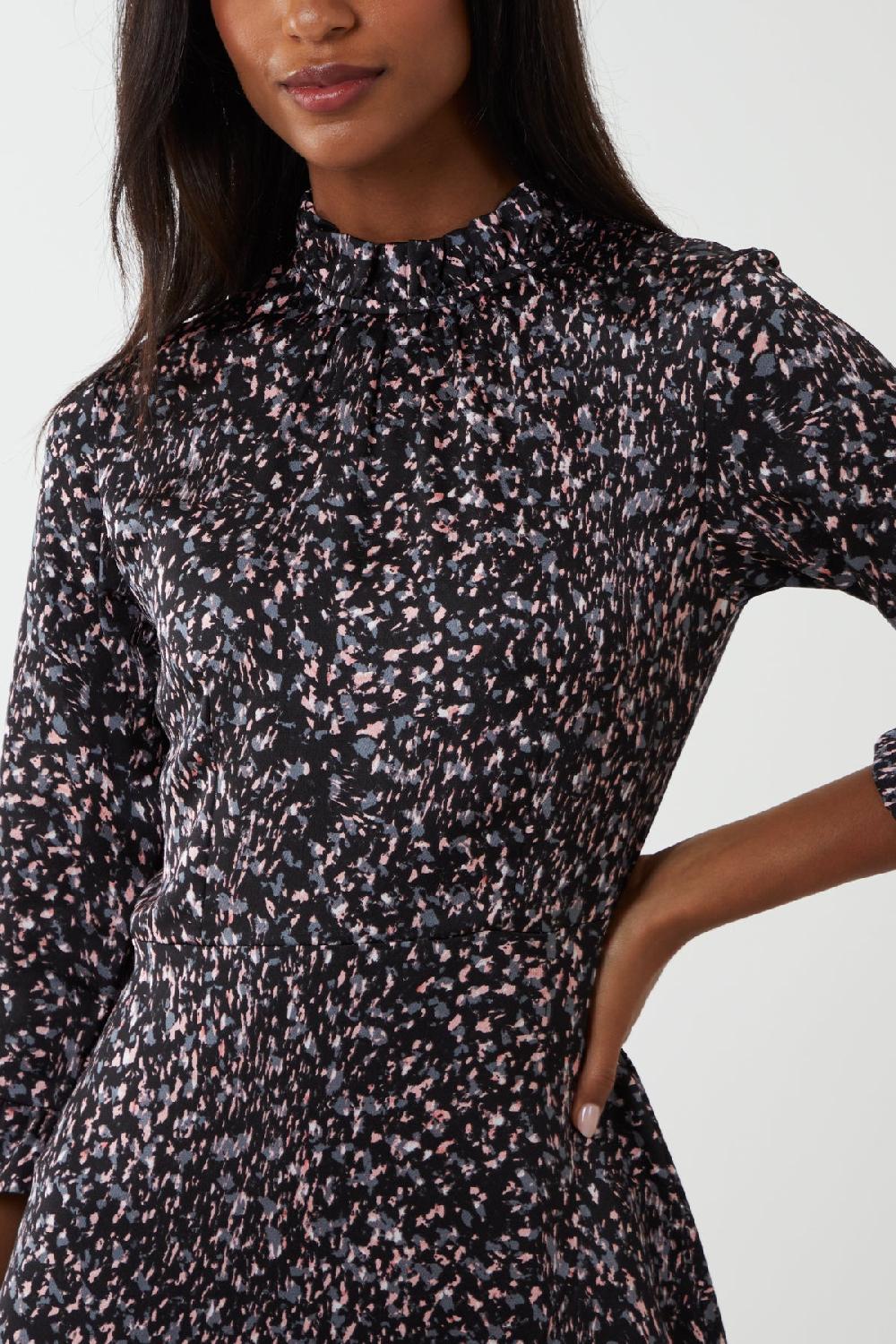 Qed London Abstract Animal High Neck Ruffle Hem Mini Dress