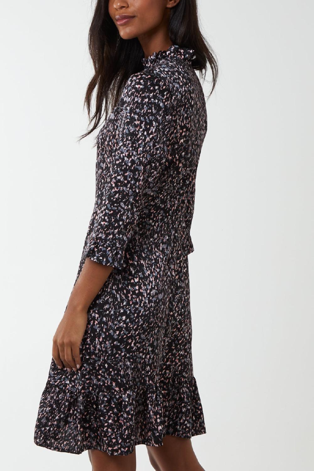 Qed London Abstract Animal High Neck Ruffle Hem Mini Dress