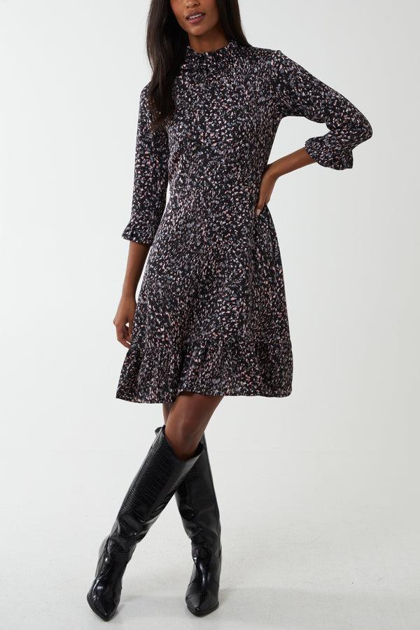 qed london Abstract Animal High Neck Ruffle Hem Mini Dress