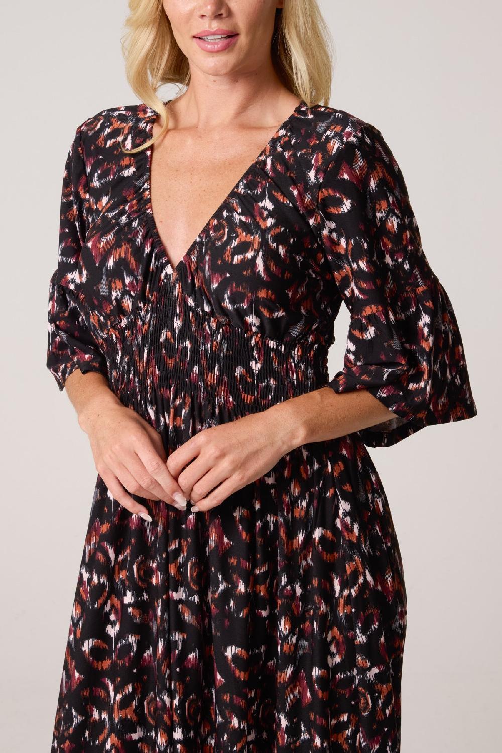 Qed London Abstract Animal Print Shirred Stretch Dress