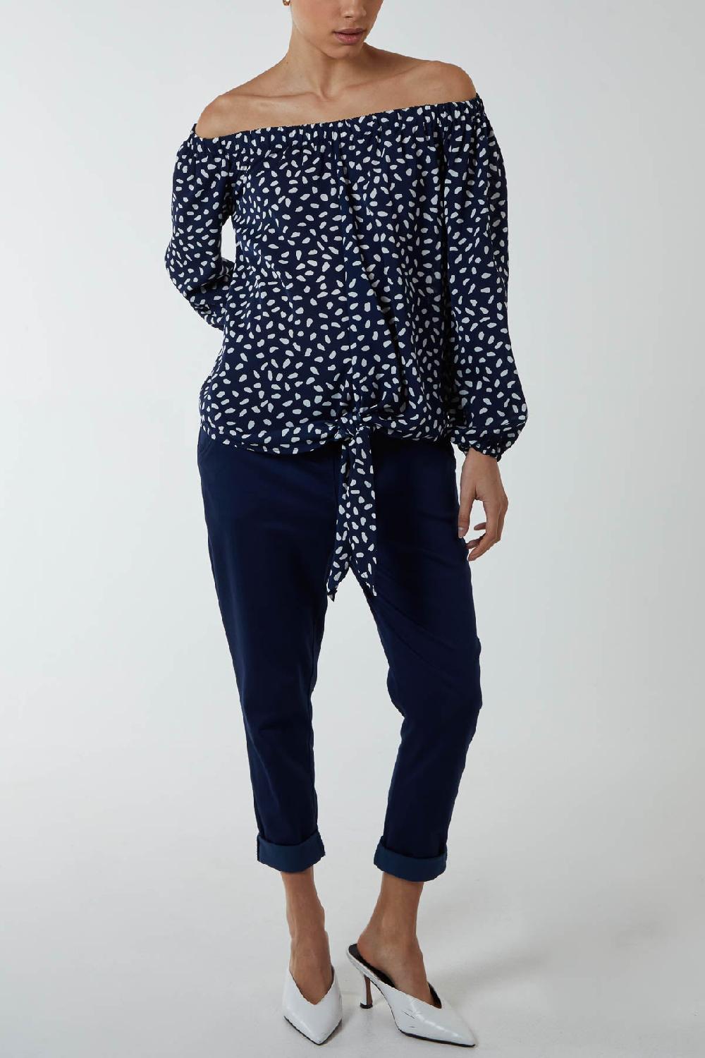 Qed London Abstract Dot Off Shoulder Balloon Sleeve Knot Top