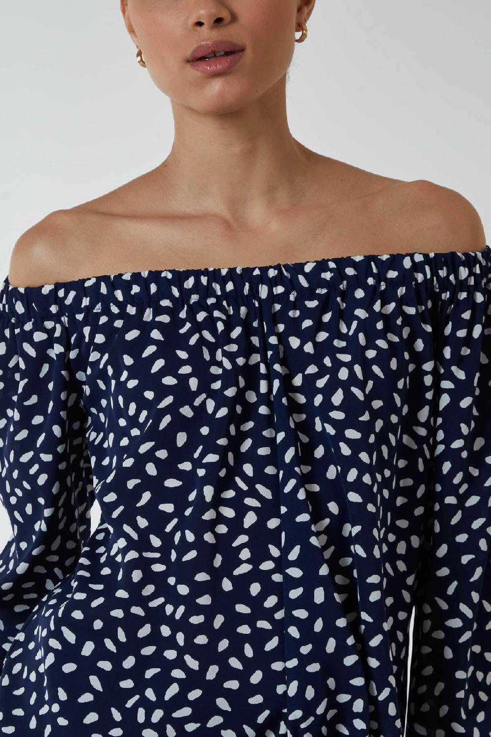 Qed London Abstract Dot Off Shoulder Balloon Sleeve Knot Top