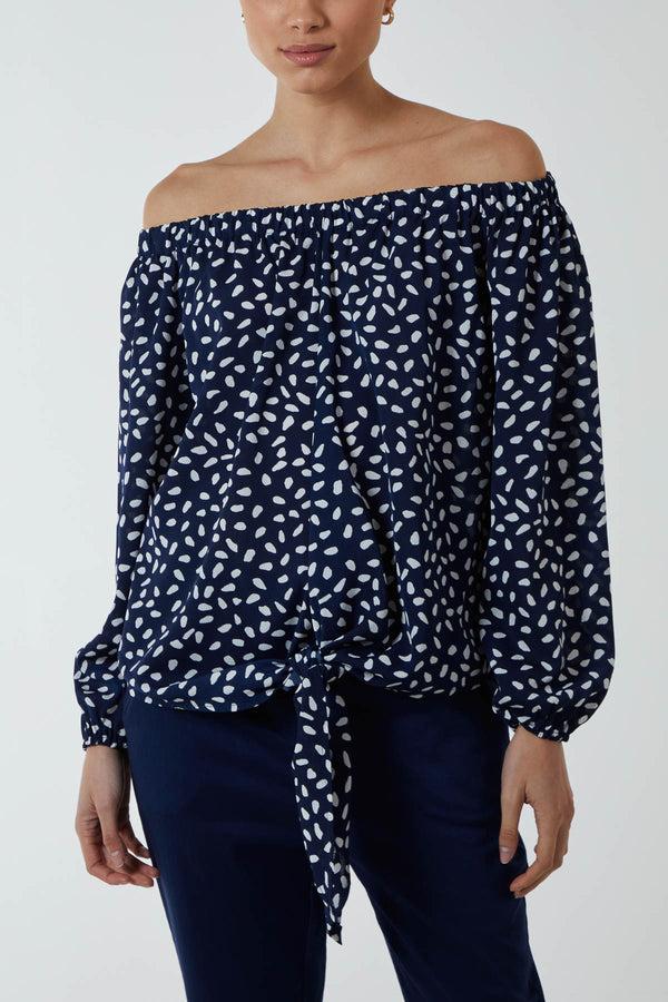 qed london Abstract Dot Off Shoulder Balloon Sleeve Knot Top