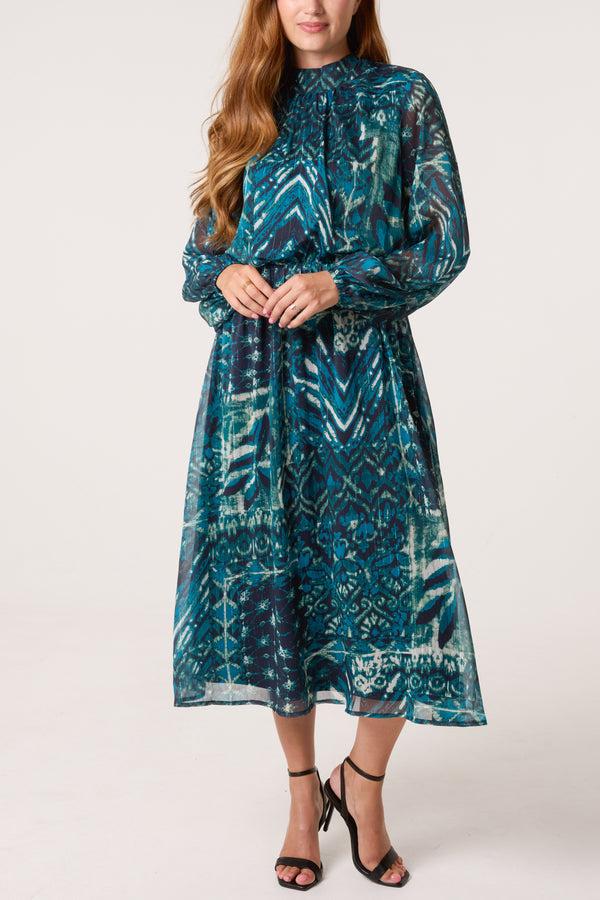 Qed London Abstract Leaf Print Puffball High Neck Dress