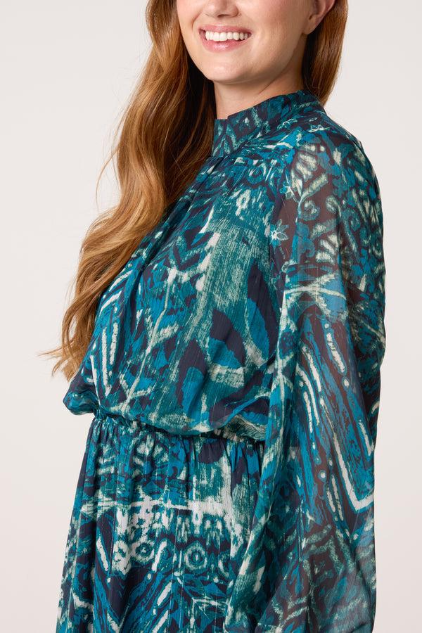 Qed London Abstract Leaf Print Puffball High Neck Dress